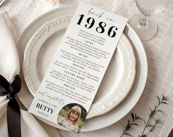 40th Birthday Decorations Editable 1986 Birthday Table Card Corjl Template 4x9 Printable