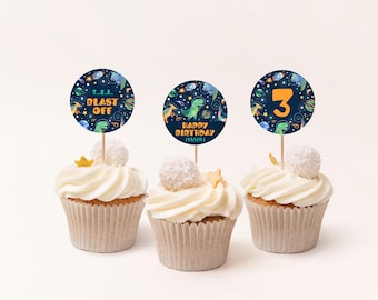 Dinosaurs Space Cupcake Toppers: Dino Space Birthday Party Decor (Editable Template)
