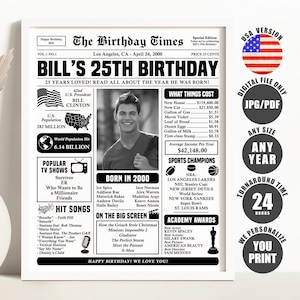 25th Birthday Newspaper Sign, Back in 2000 Poster, 25th Birthday Gift, What Happened in 2000 Printable Digital Download