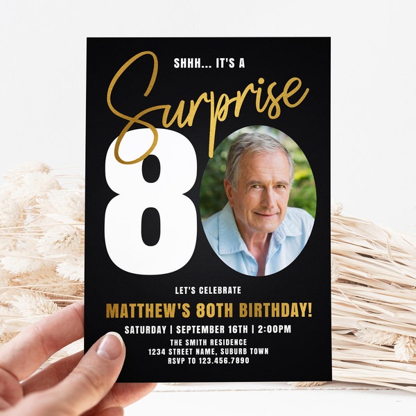 Surprise 80th Birthday Invitation for Men, Look Who's 80, Male 80th Birthday Party Invite with Photo Editable Template