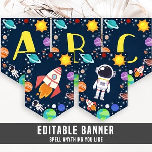 Op de afbeelding: Bewerkbare banner met een ruimtethema. De banner heeft een donkerblauwe achtergrond met sterren, planeten, raketten en astronauten. De letters "ARC" zijn in geel op de banner geschreven. De tekst "Bewerkbare banner" en "Spell alles wat je wilt" staat onder de banner.