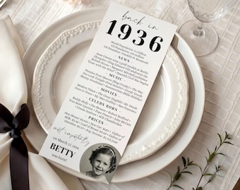 90th Birthday Decorations Editable 1936 Birthday Table Card Corjl Template 4x9 Printable