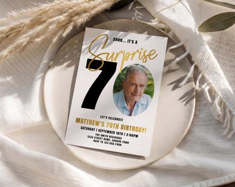 Editable Surprise 70th Birthday Photo Invitation Black Gold Mens Corjl Printable Party Template