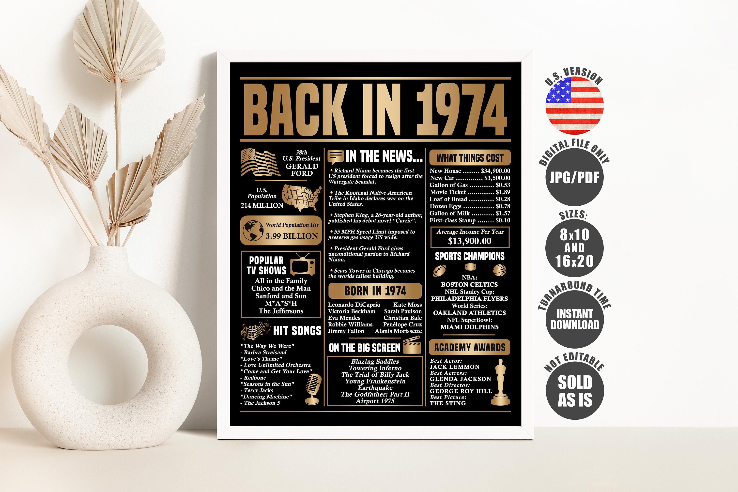 1974 Birthday Newspaper Poster: Gold Back in 1974 Sign (Digital Download)