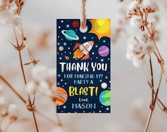 Editable Outer Space Favor Tags Rocket Birthday Thank You Gift Blast Off Corjl Template