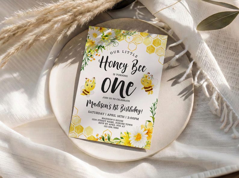 Editable Honey Bee First Birthday Invitation Template Floral Girl Corjl ...