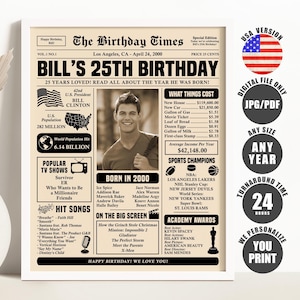 25th Birthday Newspaper Sign, Back in 2000 Poster, 25th Birthday Gift, What Happened in 2000 Printable Digital Download