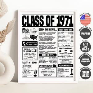 May include: A framed print with a white border, featuring a black and white design titled "CLASS OF 1971." The print includes information about the U.S. population, world population, popular TV shows, hit songs, and sports champions.
