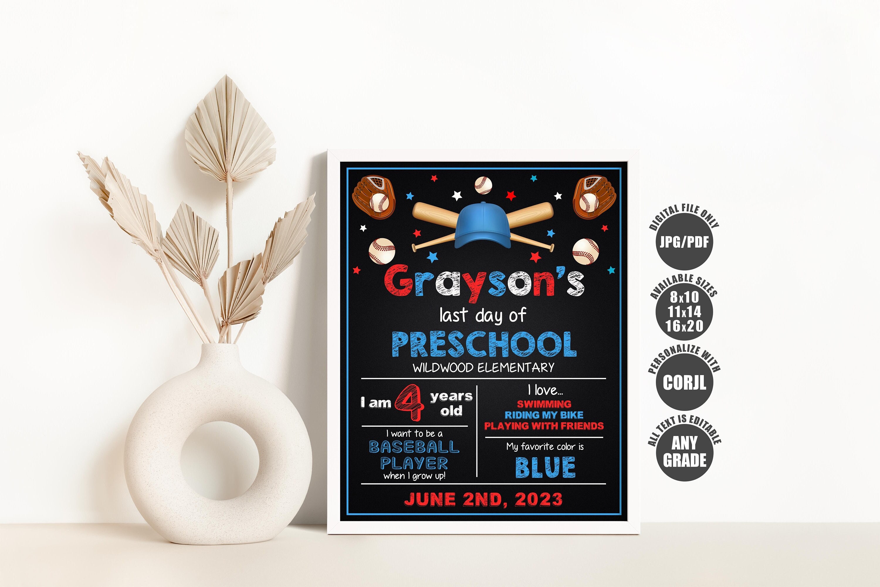 Baseball Last Day of Preschool Chalkboard Sign, Editable Boy Last Day of School Sign Template, Any Grade