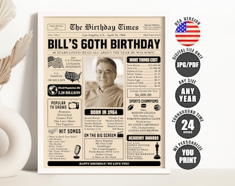 60th Birthday Newspaper Sign, Back in 1964 Poster, 60th Birthday Gift, What Happened in 1964 Printable Digital Download