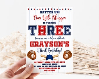 Editable Baseball 3rd Birthday Party Invitation, Little Slugger Birthday Invite Template