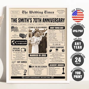 1955 Wedding Anniversary Newspaper Poster, 70th Anniversary Gift for Parents, Married in 1955 Sign, 70th Anniversary Decorations Printable