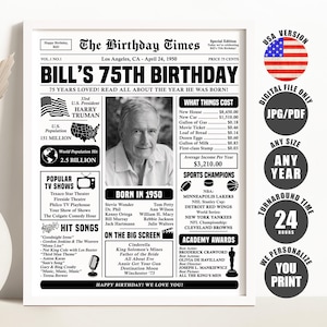 75th Birthday Newspaper Poster: 1950 Trivia, Printable Digital Download