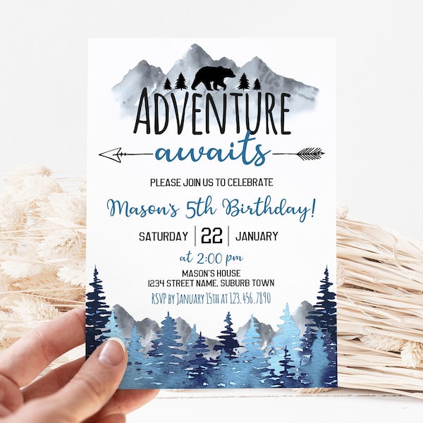 Adventure Awaits Birthday Invitation for Boy, Navy Blue Forest Mountains Birthday Party Invite, Woodland Bear Decorations Editable Template