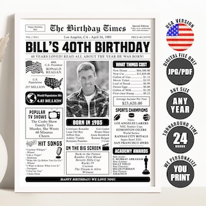 40th Birthday Newspaper Sign: 1985 Printable Poster (Digital Download)
