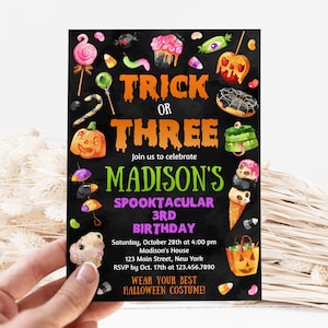 Trick or Three Birthday Invitation Editable Halloween 3rd Birthday Party Invite Template