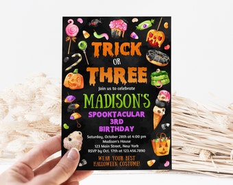 Trick or Three Birthday Invitation Editable Halloween 3rd Birthday Party Invite Template