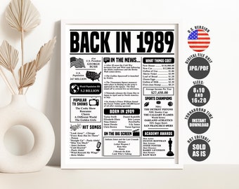 Back in 1989 Sign, Birthday Newspaper Poster, Birthday Gift for Women or Men, Born in 1989 Birthday Decorations Printable Instant Download