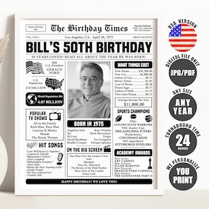 1975 50th Birthday Newspaper Poster: Printable Digital Download