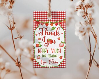 Editable Strawberry Favor Tag Berry Much Thank You Gingham Summer Birthday Printable Corjl