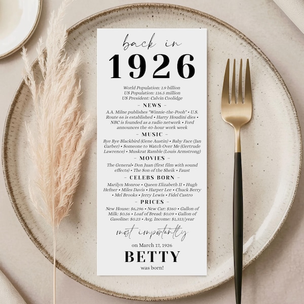 Editable 1926 Birthday Table Card 100th Party Decoration Corjl Template 4x9 Printable
