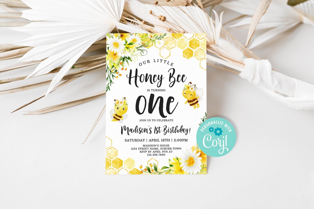 Honey Bee 1st Birthday Invitation: Editable Bumble Bee Party Template ...