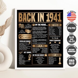 Puede incluir: Un póster rectangular titulado BACK IN 1941 con texto dorado sobre fondo negro. Presenta hechos históricos, noticias, libros populares, canciones, campeones deportivos y premios de 1941, incluyendo iconos de un micrófono y un carrete de película.