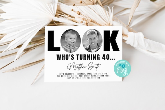 Men's 40th Birthday Invitation: Photo Editable Black & White Template
