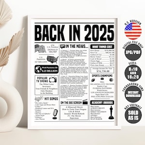 May include: A framed black and white print titled "BACK IN 2025" with information about the year, including news headlines, costs, and sports champions. The print includes a U.S. flag graphic and is available in 8x10 and 16x20 sizes.