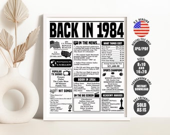 Back in 1984 Sign, Birthday Newspaper Poster, Birthday Gift for Women or Men, Born in 1984 Birthday Decorations Printable Instant Download