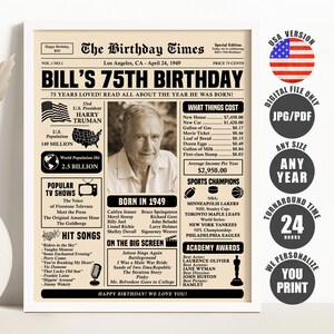 75th Birthday Newspaper Sign, Back in 1949 Poster, 75th Birthday Gift ...