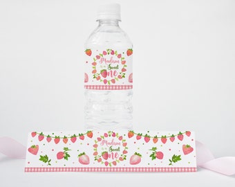 Pink Strawberry Bottle Label, Berry Sweet One Water Label, Pink Strawberry 1st Birthday Party Decorations Editable Template