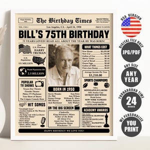 75th Birthday Newspaper Poster: 1950 Printable Sign (Digital Download)