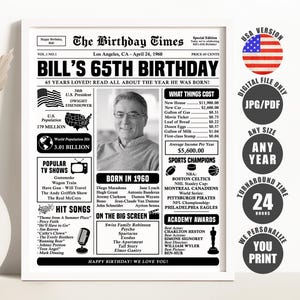 65th Birthday Newspaper Poster: 1960 Printable Sign (Digital Download)