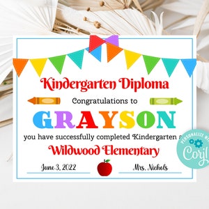 Editable Kindergarten Diploma, Graduation Certificate, PreK Preschool Diploma Sign Template