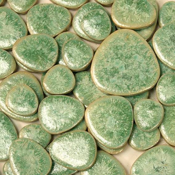 Set of Multi size Mossy Green Colored Glazed Ceramic Pebble Mosaic Tiles 15-40mm