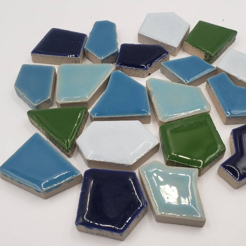 Glazed Ceramic Blue and Green Random Shape Puzzle Mosaic Tiles 20-25mm image 1