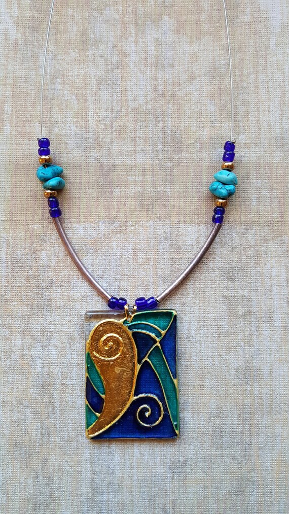 Vintage Resin Blue & Gold Necklace with Beaded Ac… - image 1