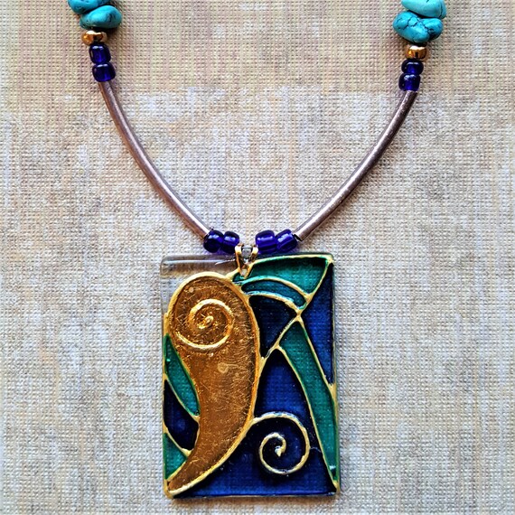 Vintage Resin Blue & Gold Necklace with Beaded Ac… - image 2