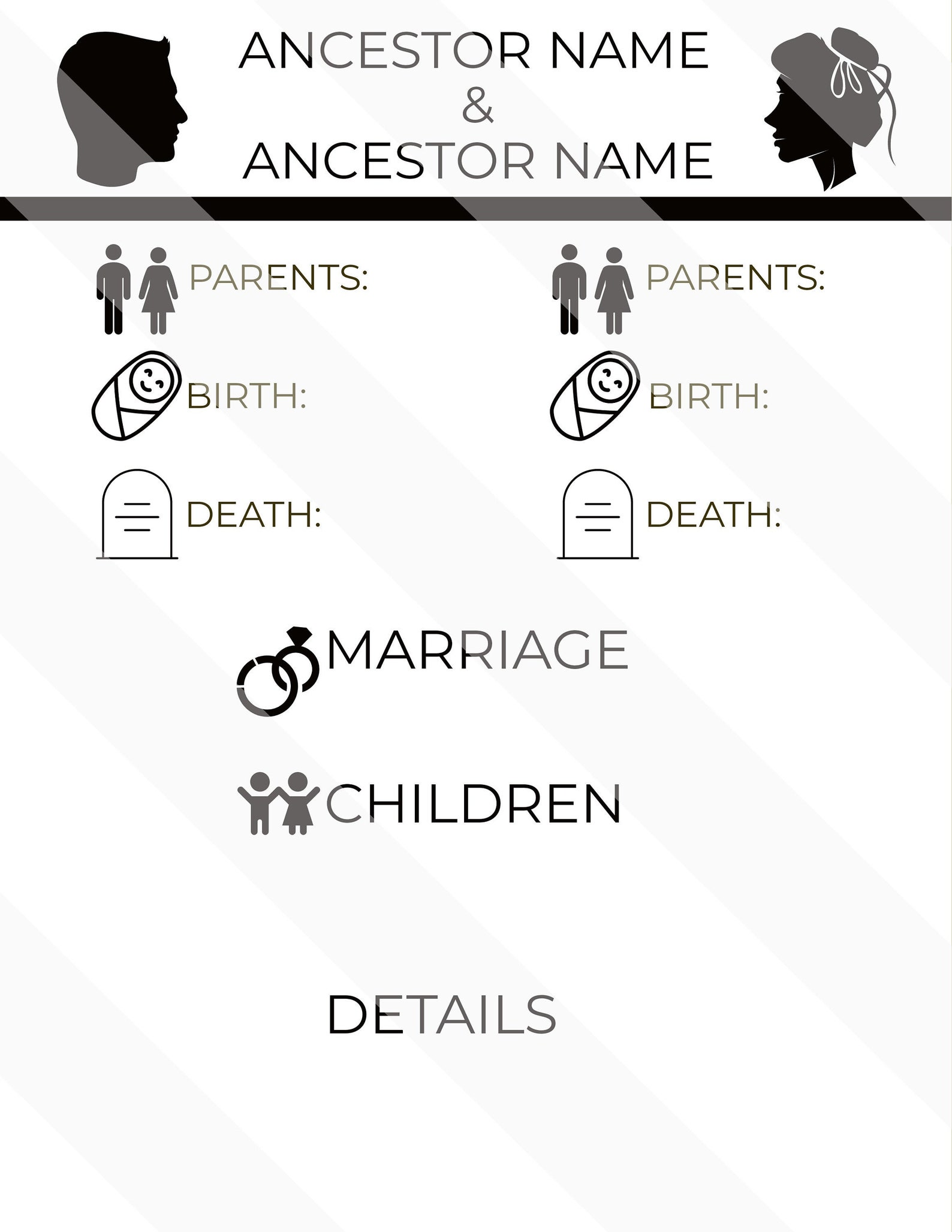 Ancestor Couple Profile Page BLANK PDF Template Color White - Etsy