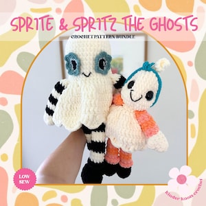 May include: Two crocheted ghost dolls, one with black and white striped arms and legs, the other with orange and pink accents. The text "Sprite & Spritz The Ghosts" and "Crochet Pattern Bundle" are displayed at the top. The words "Low Sew" are in a pink circle.