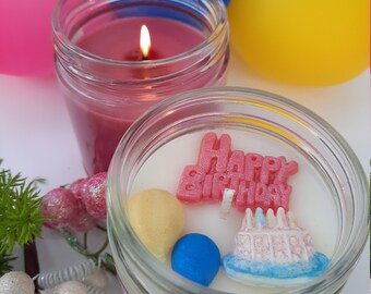 Happy Birthday Cake scented candle./Fun Birthday cake candle pink/Celebration candle/Surprise cake candle/Decorated balloon cake candle/Joy