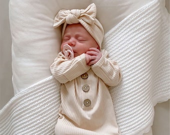 Knotted Baby Gown and BOW, BEIGE Ribbed Cotton Gown, Baby Girl Clothes, Newborn Coming Home Outfit, Infant Gown, Baby Shower Gift