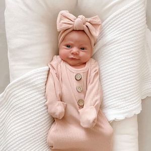 LIGHT PINK Baby Knotted Gown, Ribbed Cotton Gown with Matching Bow, Newborn Gown, Infant Coming Home Outfit, Baby Shower Gift