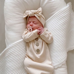 Newborn Knotted Gown: Beige Ribbed Cotton Baby Outfit with Bow