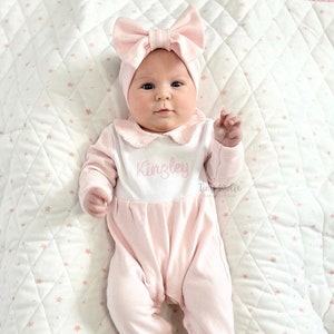 Baby Girl Coming Home Outfit, Embroidered Footie with Bow, Monogrammed Footie, Personalized Pink Sleeper for Newborn, Cute Baby Shower Gift