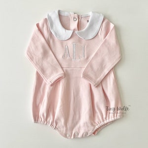 Pink Bubble Romper with Collar, Baby Girl Coming Home Outfit, Long Sleeves, Embroidered Monogram Initials, Personalized Gift for Newborn