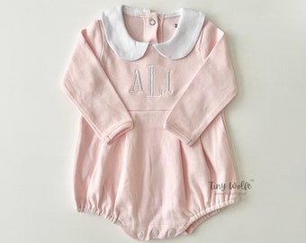 Pink Bubble Romper with Collar, Baby Girl Coming Home Outfit, Long Sleeves, Embroidered Monogram Initials, Personalized Gift for Newborn