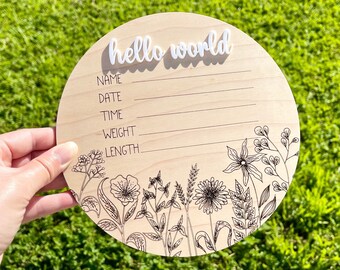 Baby Shower Gifts Hello World Wildflowers Round Wooden Baby Name Sign for Newborn Infant Floral Birth Announcement Girl Nursery Decor