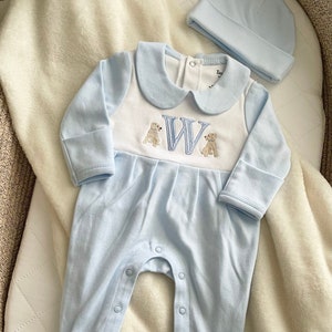 Baby Boy Coming Home Outfit, Embroidered Footie with Hat, Personalized Monogram, Monogrammed Footie, Cute Baby Shower Gift for Newborn Boy